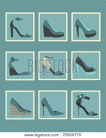 Unique blue women shoes square icons set