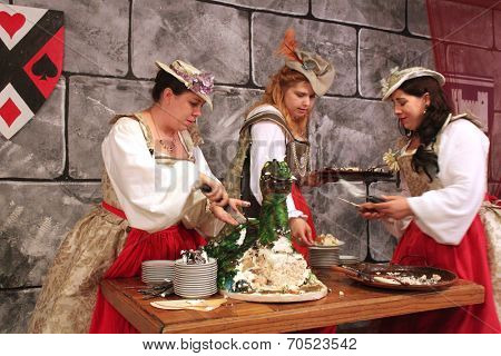 MUSKOGEE, OK - MAY 24: Royal ladies greet visitors at the Oklahoma 19th annual Renaissance Festival on May 24, 2014 at the Castle of Muskogee in Muskogee, OK 