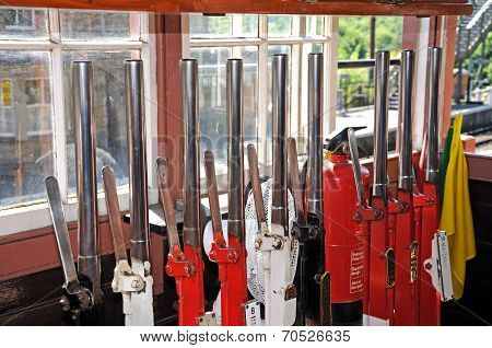 Mechanical lever frame in railway signal box.