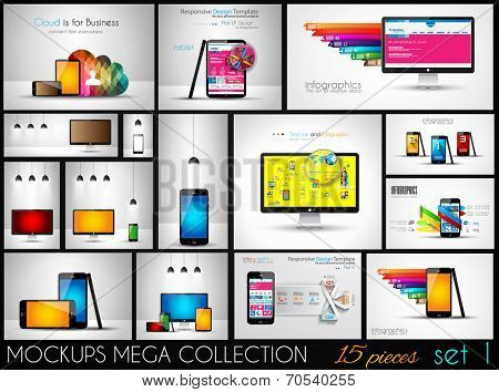 Collection of phone, pc and tablet mockups with infographics. A lot od design elements to classify products and generic items.