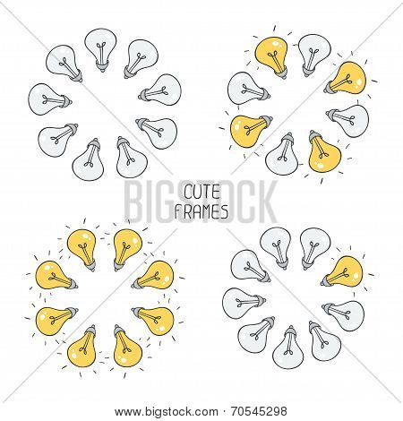 Hand drawn frame of light bulbs. Idea symbol. Vector illustration. Lamp in sketch style.
