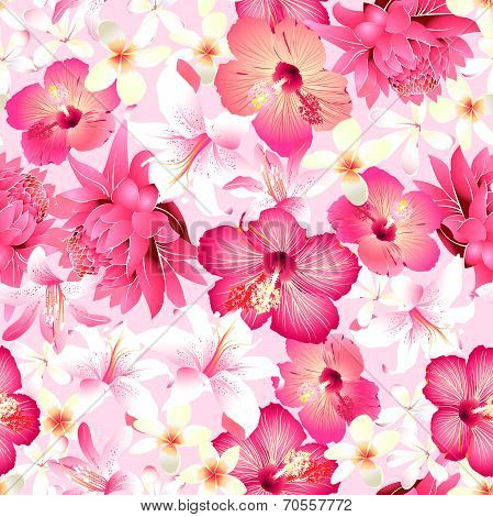 Tropical Flowers With Pink Background Seamless Pattern