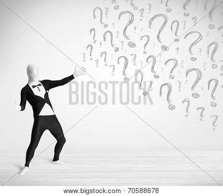 3d human character is body suit morphsuit looking at hand drawn question marks