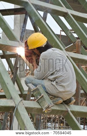 Welder with protective mask welding metal
