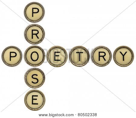 poetry and prose crossword in old round typewriter keys isolated on white