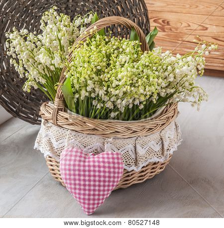 Basket With Lilies Of The Valley (convallaria Majalis) And Heart