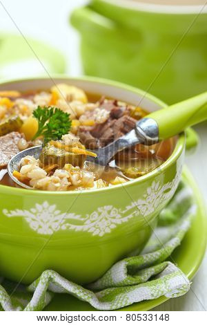 Soup with pickles and barley