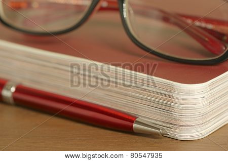 Guide red ballpoint pen and glasses