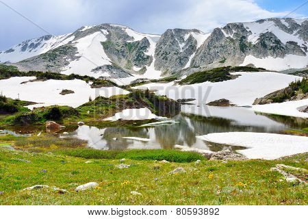 Snowy Range Mountains And Apline Lake With Reflection In Medicine Bow, Wyoming In Summer