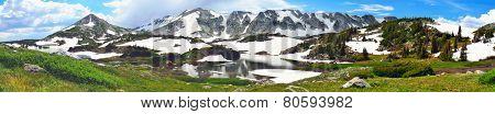 Panoramic View Of Snowy Range Mountains And Apline Lake With Reflection In Medicine Bow, Wyoming