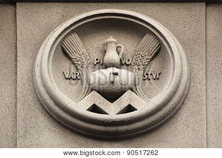 Allegory of Brewing. Building decoration at Bubenecska Street in Prague, Czech Republic.