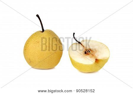 Chinese Pear Or Nashi Pear With Stem On White Background