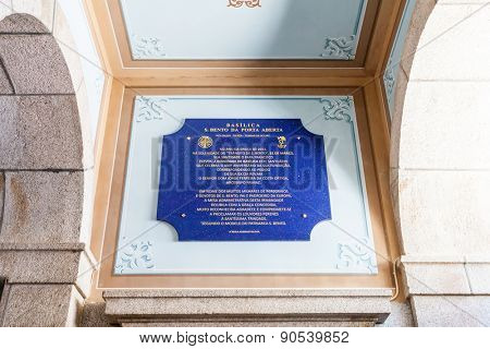 Sao Bento da Porta Aberta, Portugal. April 06, 2015: The commemorative plaque exhibiting the promotion of the Sanctuary church to Basilica by Pope Francis on its 400th anniversary in March, 21st