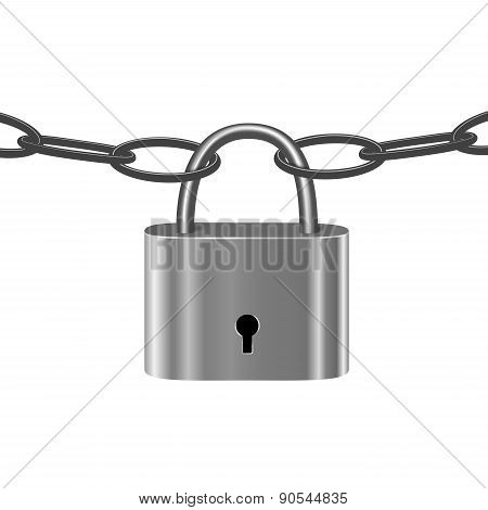 Chain Under Lock Isolated On White. Under Guard, Closed Symbol