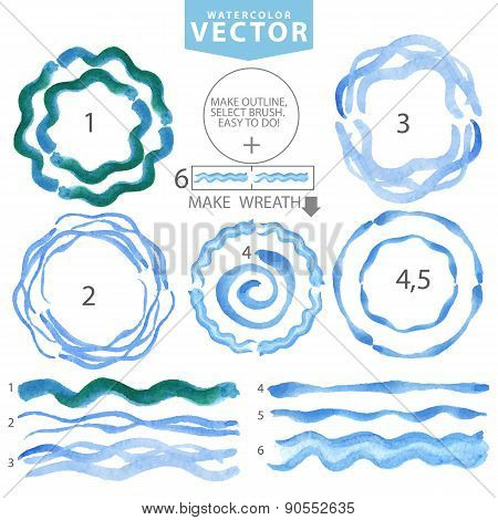 Watercolor wavy brushes,circle frame.Cyan,blue.Summer