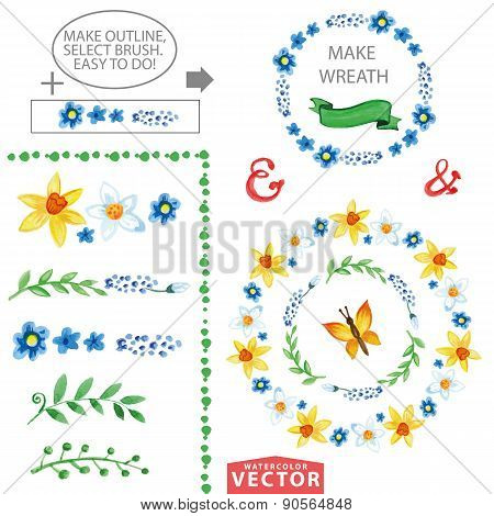 Watercolor floral brushes and wreath set template