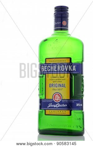 Bottle of Becherovka isolated on white background