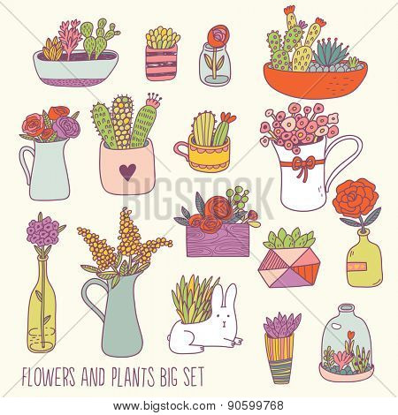 Bright flowers and plants big set in vector. Lovely background with cute flowers, sweet house plants in pots and funny rabbit