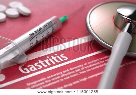 Gastritis. Medical Concept on Red Background.