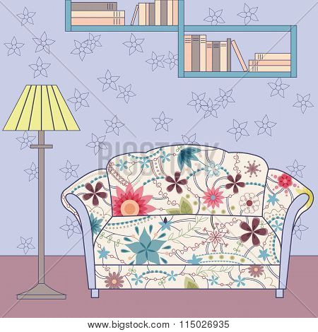 Vector cartoon funny vintage interior with painted couch