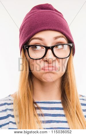 Close Up Photo Of Pretty Minded Girl In Hat And Glasses