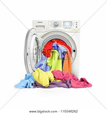 A Close Up Of A Washing Machine Loaded With Clothes Isolated On