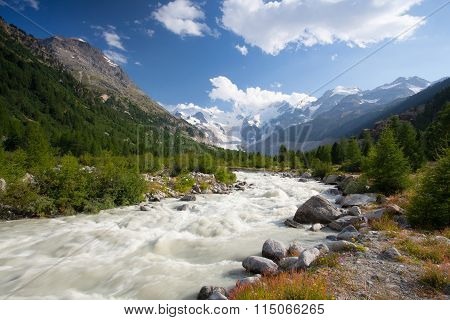 Swiss Mountain Landscape Of The Morteratsch Glacier Valley