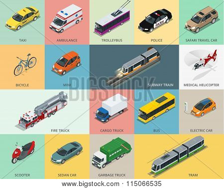 Flat 3d isometric city transport icon set. taxi, Ambulance, trolleybus, Police, safari travel car, B