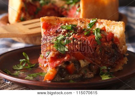 Slice Of Chicago Deep Dish Pizza On A Plate Macro. Horizontal