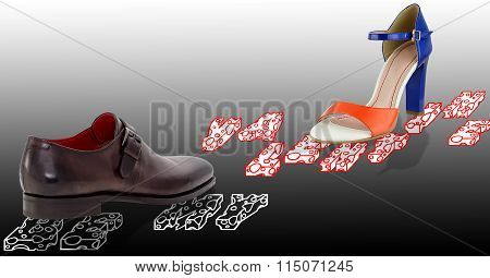 Colorful womens sandal and brown mens shoes