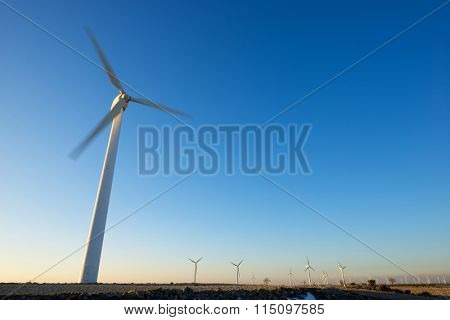 Windmills for electric power production, La Muela, Zaragoza Province, Aragon, Spain.
