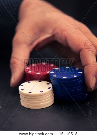 Hand Betting All In With Poker Chips, Retro Color Look