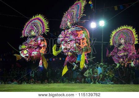 Chhau Dance, Indian Tribal Martial Dance At Night In Village
