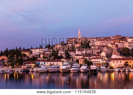 Beautiful View Of Vrsar Port And Vrsar Village With Landmark Of Church Tower After Sunset-IstriaCroatiaEurope