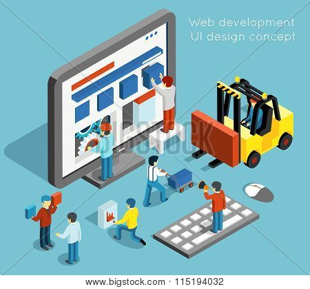 Web development and UI design vector concept in flat 3d isometric style