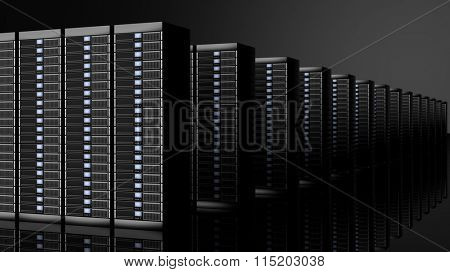 Network servers data center, isolated on black background with reflections.