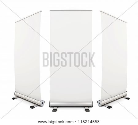 Template Blank Roll Up Banner Display On White Background. 3D.