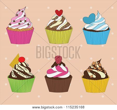set of cupcakes on vintage background