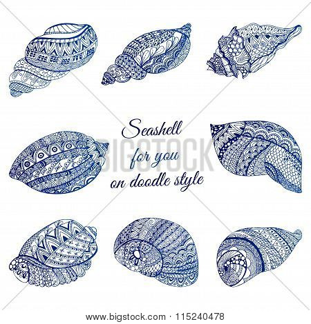 Set Of Hand Drawn Seashell With Ethnic Motif. Abstract Zentangle Stylized Cockleshells. Ocean Life D