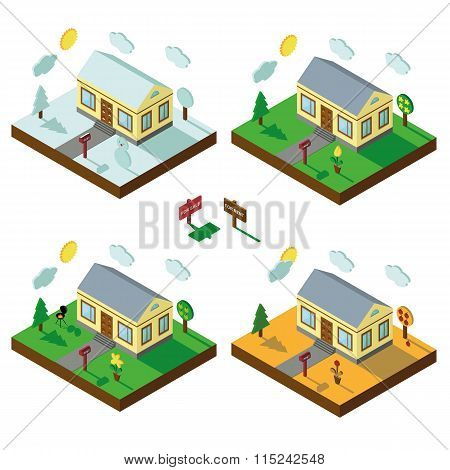 Isometric house set.3D Village.Landscape in seasons