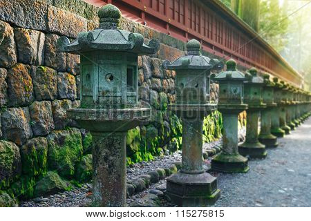 Stone Lanterns on the Side of Toshogu Shrine that lead to Futarasan Shrine in Nikko Tochigi Japan