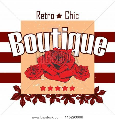 Retro rose leaves vector print boutigue and slogan