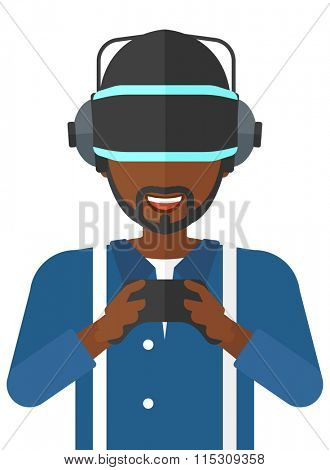 Man wearing virtual reality headset.