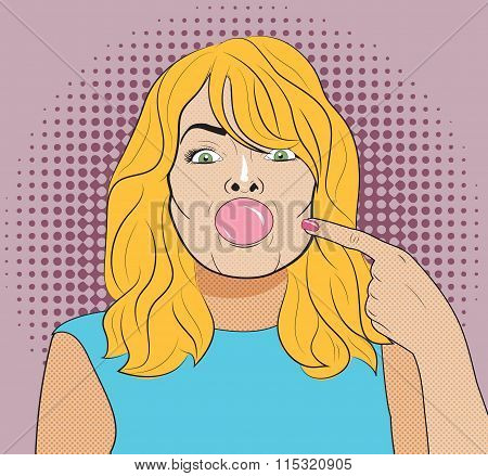 Pop Art style illustration of a sexy playful blond woman in a blue blouse making a bubble out of a c