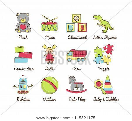 A collection of colorful modern cartoon outlined icons for various toys' kinds and categories for ki