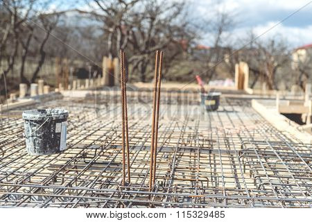 Site Of New Building, Details And Reinforcements With Steel Bars And Wire Rod, Preparing For Cement
