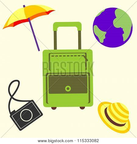 Vector illustration travel set of bag umbrella camera globe and cap isolated over light background