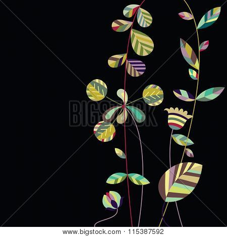 Contemporary background with elegant stems and foliage on black.