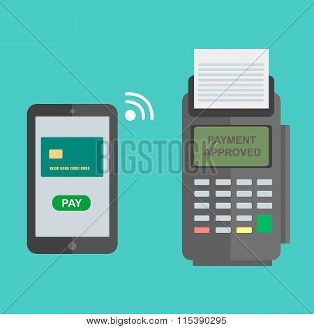 Nfc Payment Flat Design Style Vector Illustration, Pos Terminal Confirms The Payment Using A Smartph