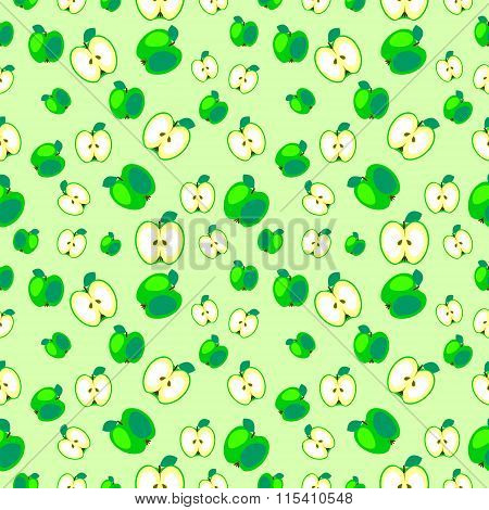 Seamless vector pattern bright fruits chaotic background with apples whole and half over light green